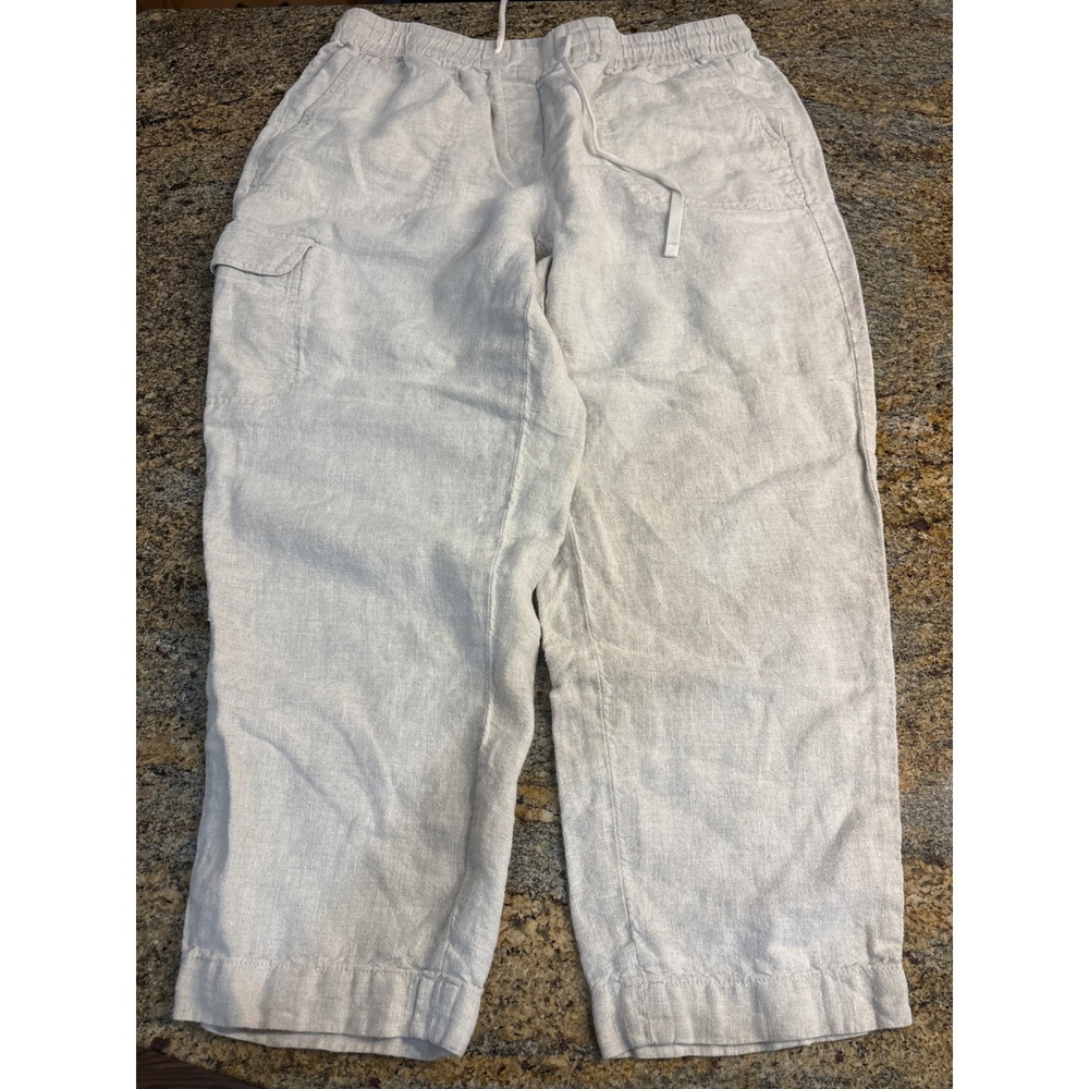 Talbots Linen Cropped Cargo Pants Womens Large‎ Beige Elastic Drawstring Summer